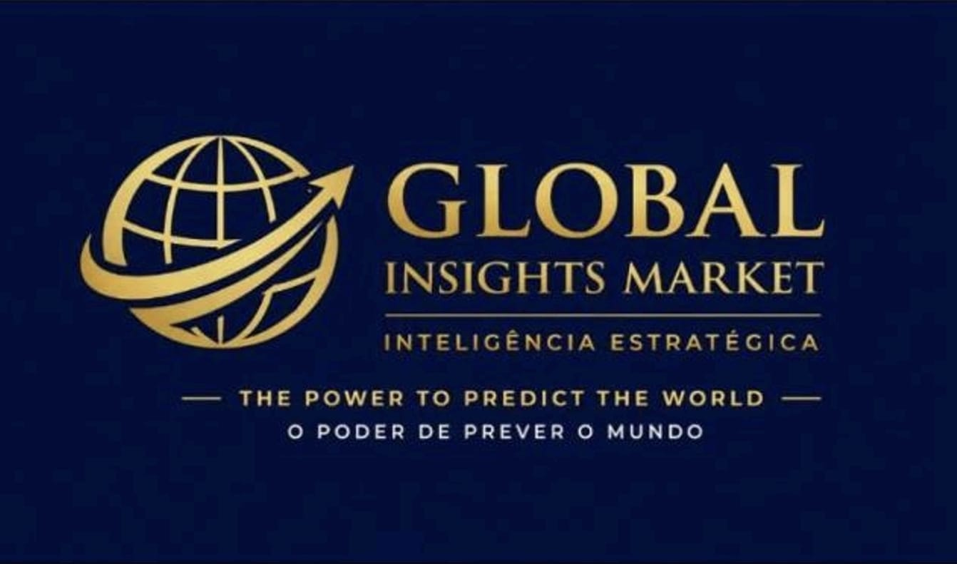 Referência de marca Global Insights Market: globo estilizado em dourado com o nome da plataforma e o slogan The Power to Predict the World.